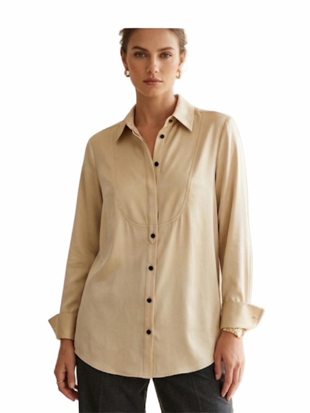 Banana Republic Vintage Silk Tuxedo Bib Button Front Shirt Cream Small